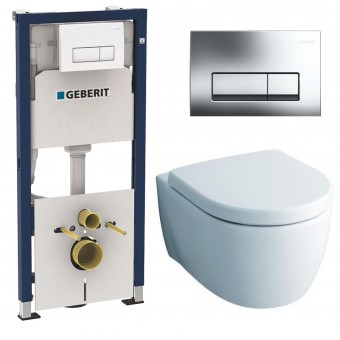 Комплект инсталляция Geberit Duofix Icon и унитаз подвесной безободковый Geberit iCon, кнопка смыва хром