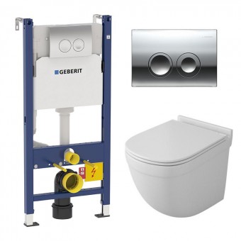 Комплект инсталляция Geberit Delta 21 Duofix и унитаз подвесной безободковый OWL Eld Cirkel-H, сиденье микролифт, кнопка смыва хром