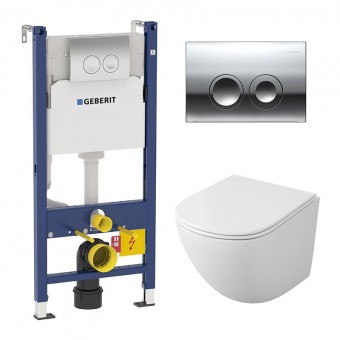 Комплект инсталляция Geberit Delta 21 Duofix и унитаз подвесной безободковый OWL Vind Cirkel-H, сиденье микролифт, кнопка смыва хром