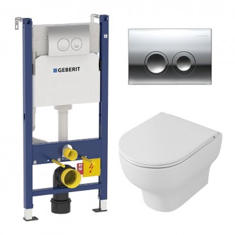 Комплект инсталляция Geberit Delta 21 Duofix и унитаз подвесной безободковый OWL Tid Cirkel-H, сиденье микролифт, кнопка смыва хром