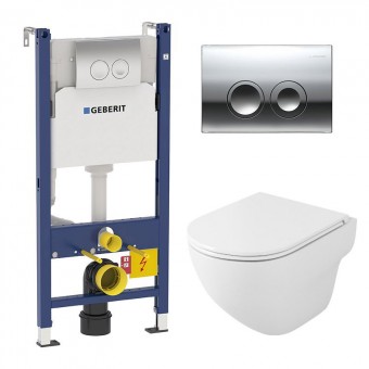 Комплект инсталляция Geberit Delta 21 Duofix и унитаз подвесной безободковый Owl Wave Cirkel-H, сиденье микролифт, кнопка смыва хром